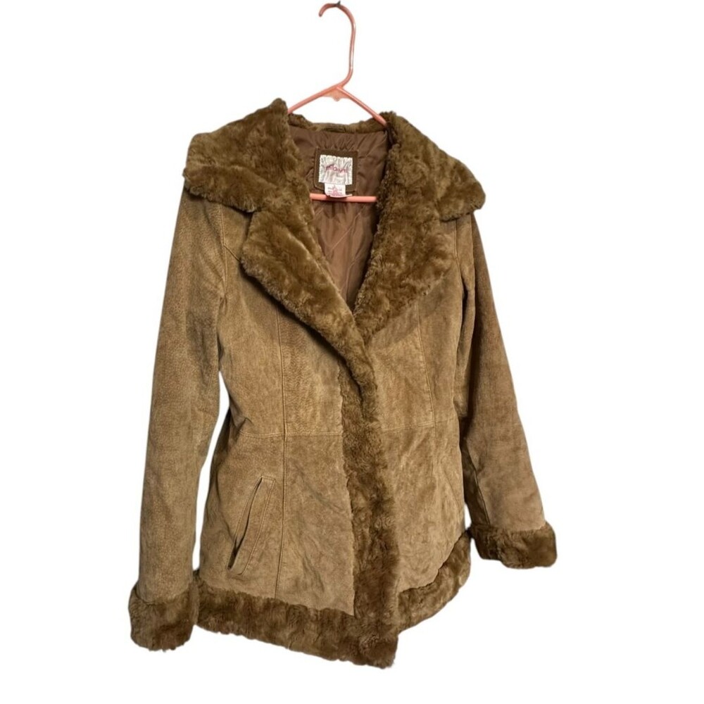 VTG Xhilaration Leather Jacket Women L Brown Fur Trim Quilt Penny Lane Coat 90s
